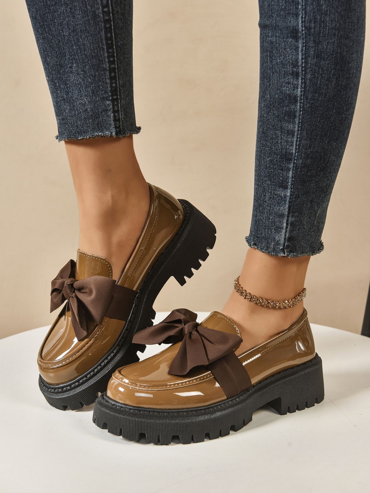 Women's Plus Size Bow Tie Platform Loafers For Autumn Leather_voghion.com