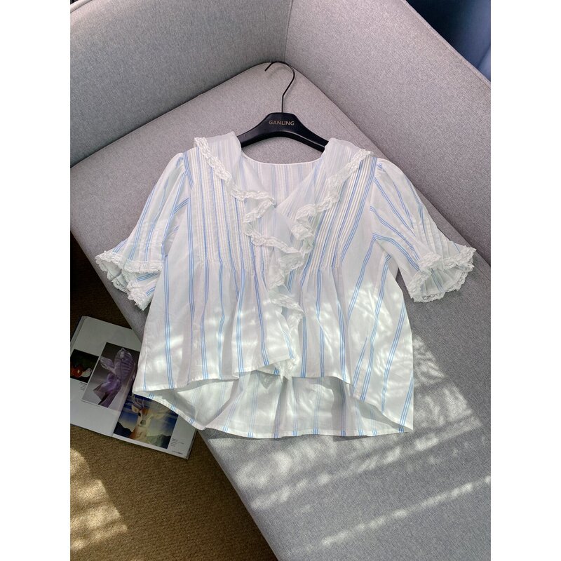Fresh and Sweet~ Lace Ruffled V-Neck Shirt for Women, Summer Blue and White Striped Loose Cotton Short-Sleeve Versatile Babydoll Shirt Fresh and Sweet~ Lace Ruffled V-Neck Shirt for Women, Summer Blue and White Striped Loose Cotton Short-Sleeve Versatile Babydoll Shirt