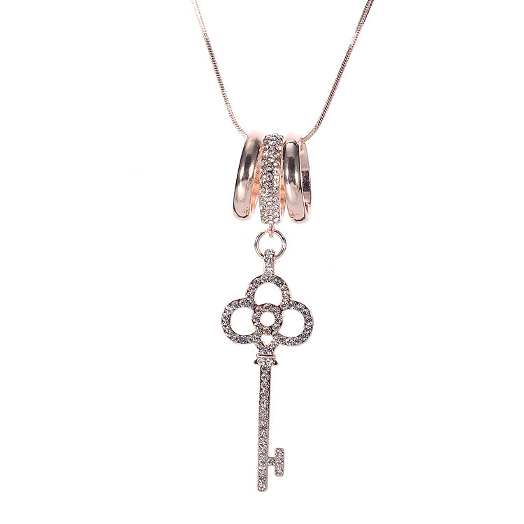 Korean Style Fashionable Long Ring Diamond Inlaid Key Sweater Chain Necklace Popular Cross-Border Al