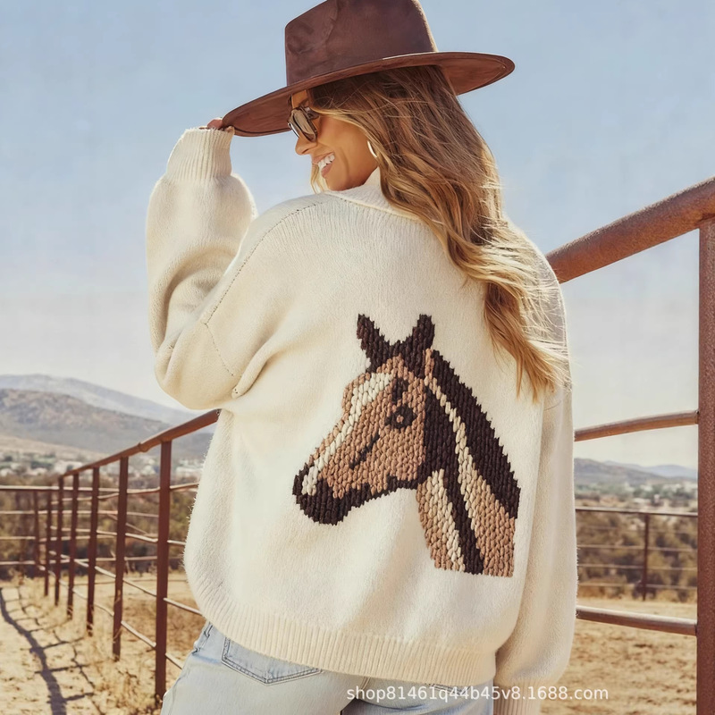 European and American Cross-Border Women's Fashion Embroidered Horse Pattern Sweater, Long-Sleeve Knit Cardigan with Turn-Down Collar and Drop Shoulder, Versatile Top