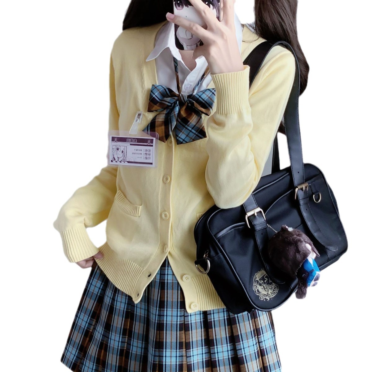 JK 달콤한 대학 스타일 긴 소매 카디건 격자 무늬 스커트 가을과 겨울 학교 스타일 쌓인 일본 세트