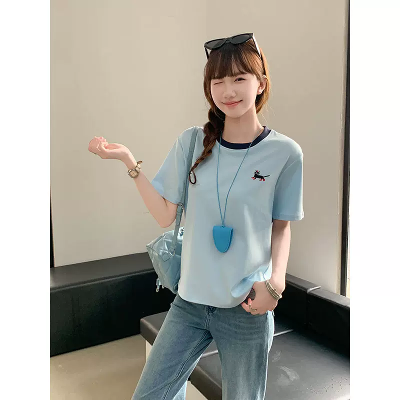 圆领韩系蓝色小猫刺绣t恤女2025夏季新款圆领针织休闲宽松显瘦T恤