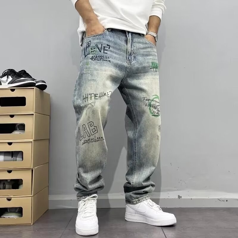 Hong Kong Style Men's Summer New 2024 Personalized Letter Jeans Hip-Hop Ins Trendy High Street Trendy Handsome Pants