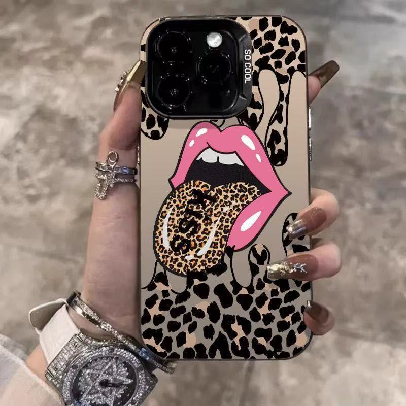 El estampado de leopardo con lengua es adecuado para la carcasa del teléfono móvil Apple 16Promax, la carcasa de gas de la personalidad iPhone15/14/13 texto 12