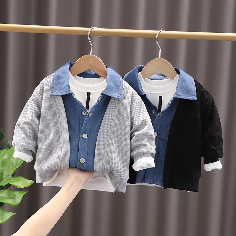 Niños moda estilo coreano otoño nuevo Denim abrigo para niños medianos y pequeños estilo occidental chaqueta casual cardigan falso 2 unidades