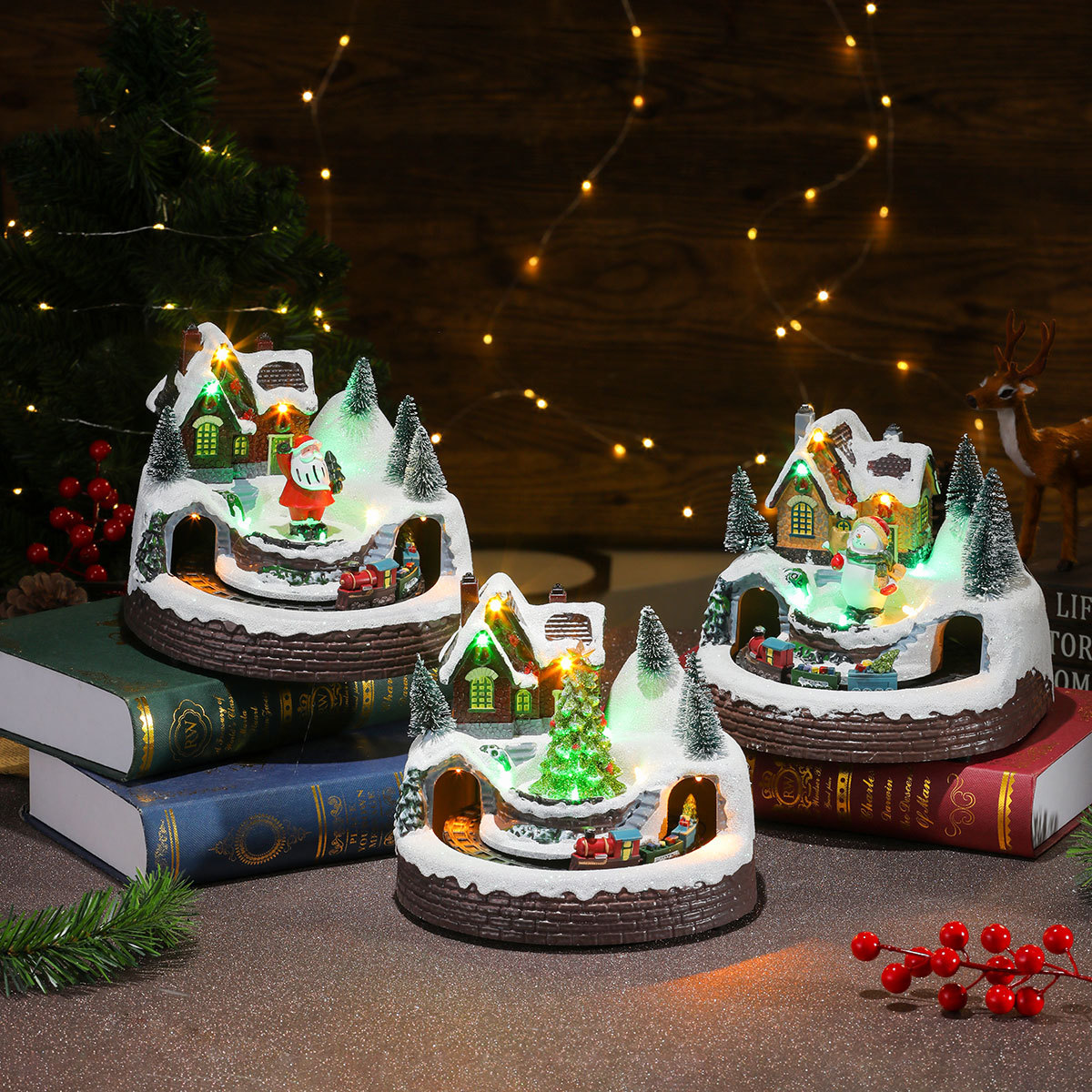 Nueva banda luminosa de Navidad de música giratoria pequeña decoración de resina de trenes decoraciones de Navidad regalos caja de música