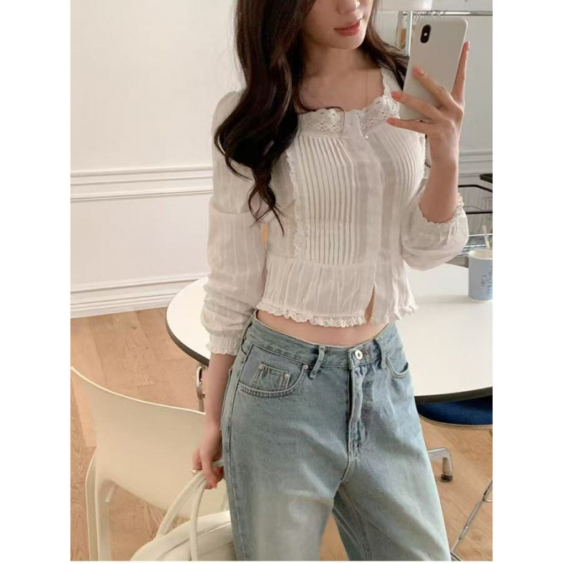 Lace-Trimmed Single-Breasted Long-Sleeve Shirt for Women with Unique Design and Waist-Cinching Short Top Lace-Trimmed Single-Breasted Long-Sleeve Shirt for Women with Unique Design and Waist-Cinching Short Top