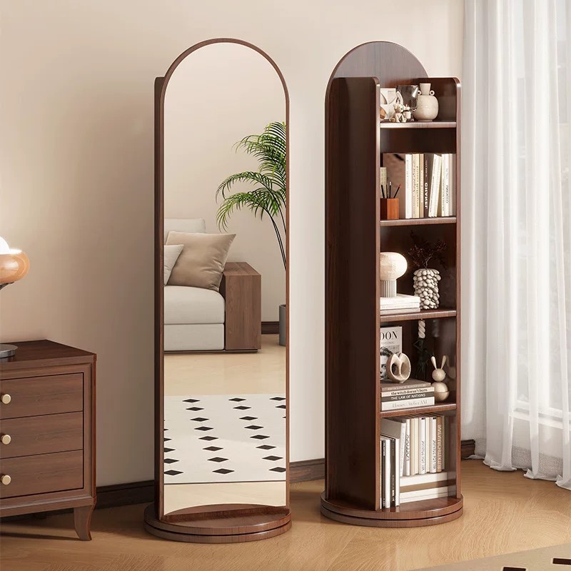 Full Body Floor Mirror Household Magazine Bookshelf Rotating Storage Integrated Fitting Mirror Rotating Full-Length Mirror Vertical Movable