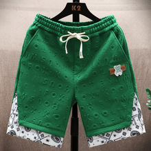 假两件卡通短裤男士夏季冰丝凉感五分休闲裤子男绿色叠穿运动中裤