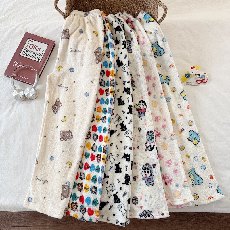 Invierno nuevo pantalones cálidos de franela estilo de caricatura coreano para mujeres más grueso y terciopelo cálido para el hogar pijamas de lana se pueden usar fuera