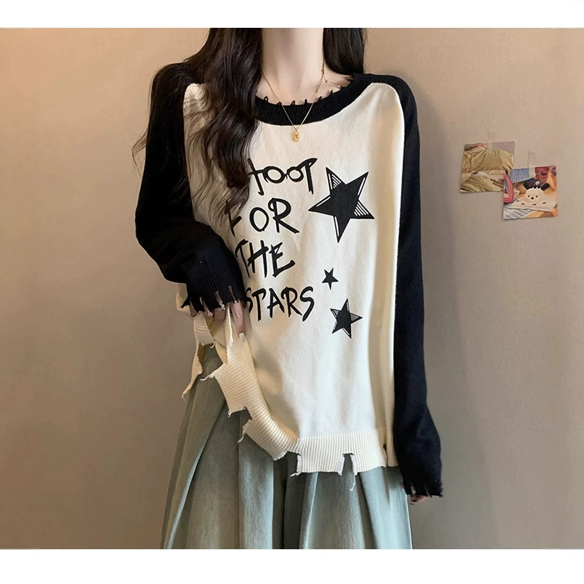 2024秋冬胖mm显瘦撞色印花针织衫高品质大码女装烂边流苏上衣代发
