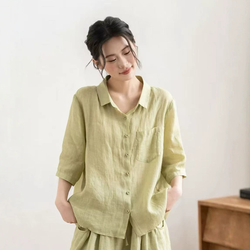 Twill Pure Ramie Lapel Mid-Sleeve Shirt 2026 Summer New Style Lightweight Inner Hem Shirt Blouse for Women 8867 Twill Pure Ramie Lapel Mid-Sleeve Shirt 2026 Summer New Style Lightweight Inner Hem Shirt Blouse for Women 8867