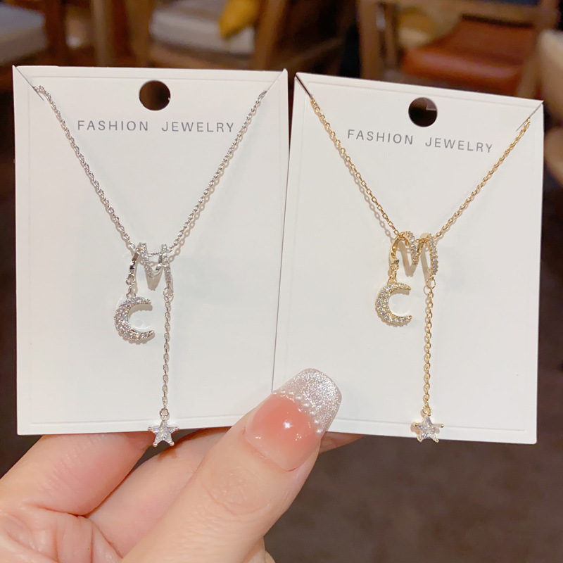 Korean Style Elegant Fashionable Simple Micro-inlaid Zircon Star Moon Pendant Tassel Necklace Distinctive Light Luxury All-match Super Flash Neck Chain