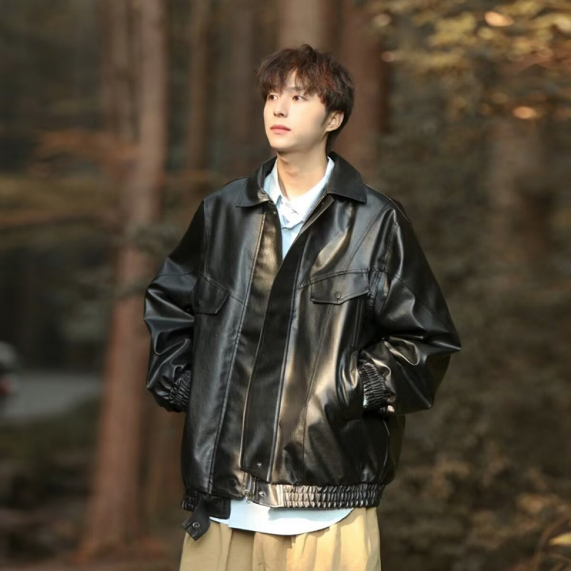 European and American Street Fashion Loose Bike Suit Leather Jacket Men's Fashionable Duffian Handsome High-Level Aviator PU Leather Jacket Coat