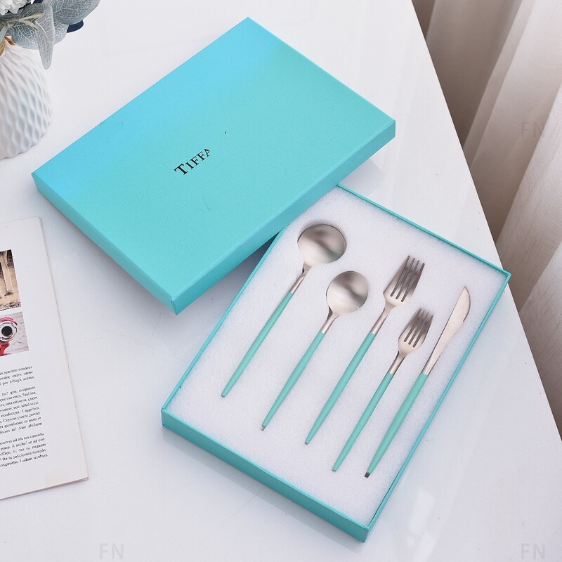 Cross-Border Tiffany Blue Knife, Fork and Spoon Western Food Accessible Luxury Tableware 304 Stainless Steel Long Handle Steak Knife, Fork and Spoon Set t
