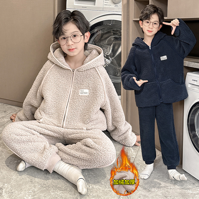 Boys' Berber fleece hooded zipper home wear suit autumn and winter clothes children's fashionable outerwear Korean style pajamas two-piece suit
