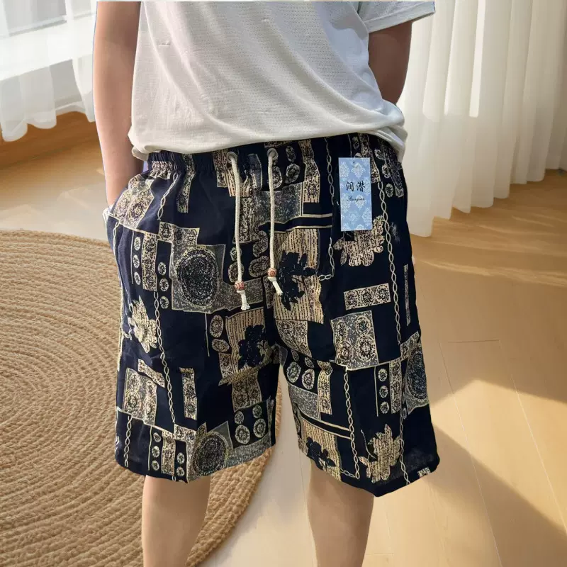夏沙滩裤男士休闲印花短裤男潮棉薄三亚国风度假五分裤潮流沙滩裤