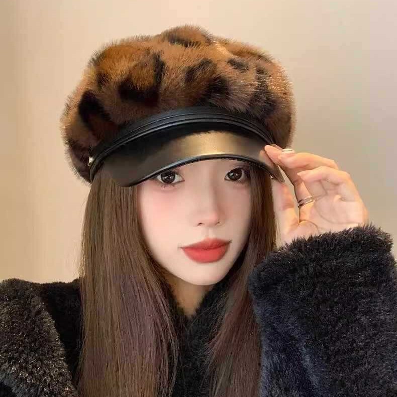 韩版高级感气质豹纹鸭舌帽秋冬季帽子女款百搭加绒帽显脸小报童帽|undefined