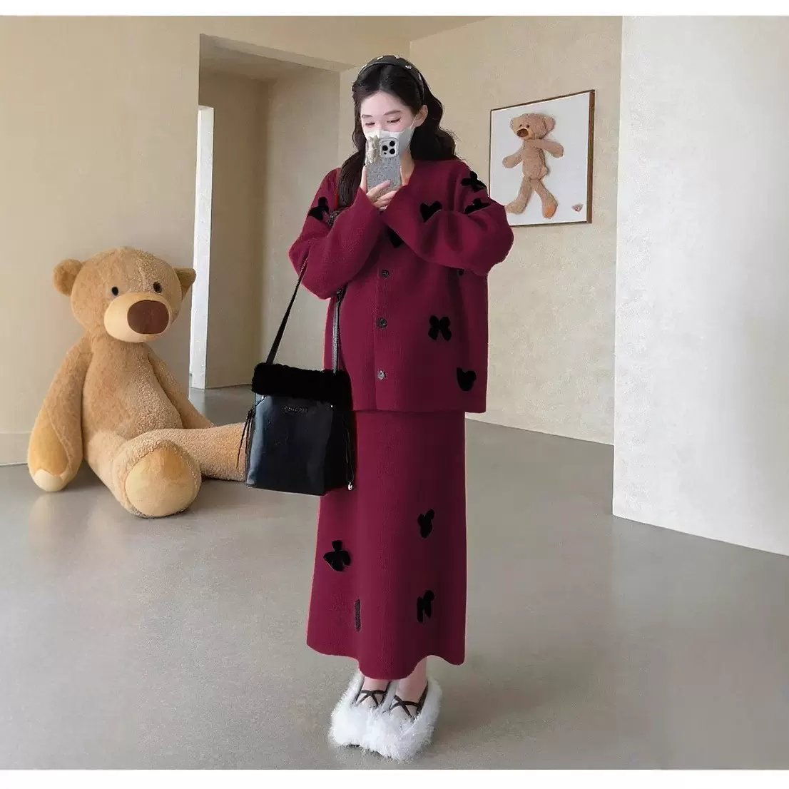 孕妇针织套装春秋季2025新款法式穿搭蝴蝶结毛衣外套半身裙两件套
