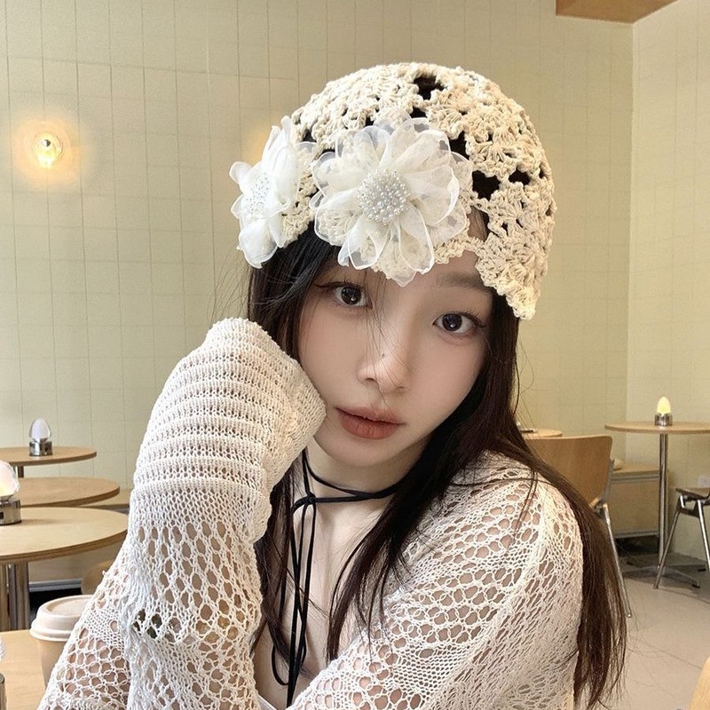 新しい日本製の薄い手作りかぎ針編みパイル帽子女性のための春と夏のレースの花ファッショナブルな包頭帽子レース|undefined