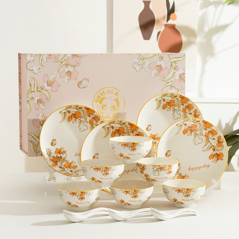 Ceramic Bowl and Plate Set with Clematis Flower, Light Luxury Simple Gift Box for Business Opening, Promotional Advertising Gift Ceramic Bowl and Plate Set with Clematis Flower, Light Luxury Simple Gift Box for Business Opening, Promotional Advertising Gift