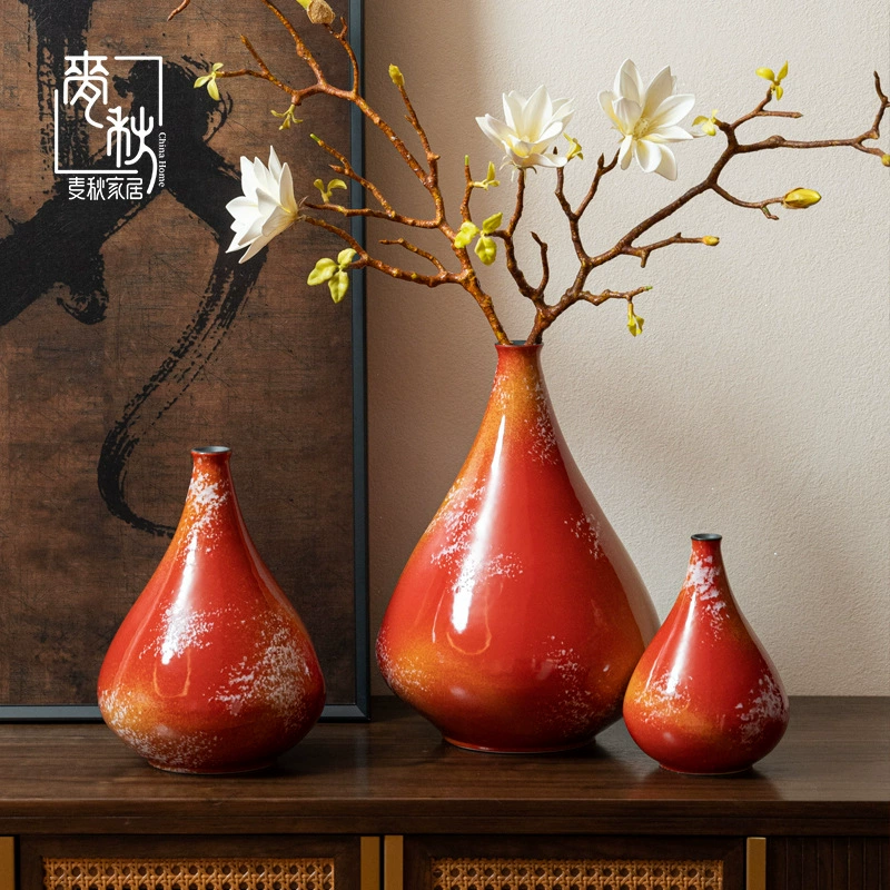 Новая китайская ваза в стиле дзен, высококачественная, красная, в стиле шинуазри, красная керамическая ваза для гостиной, украшение для прихожей.