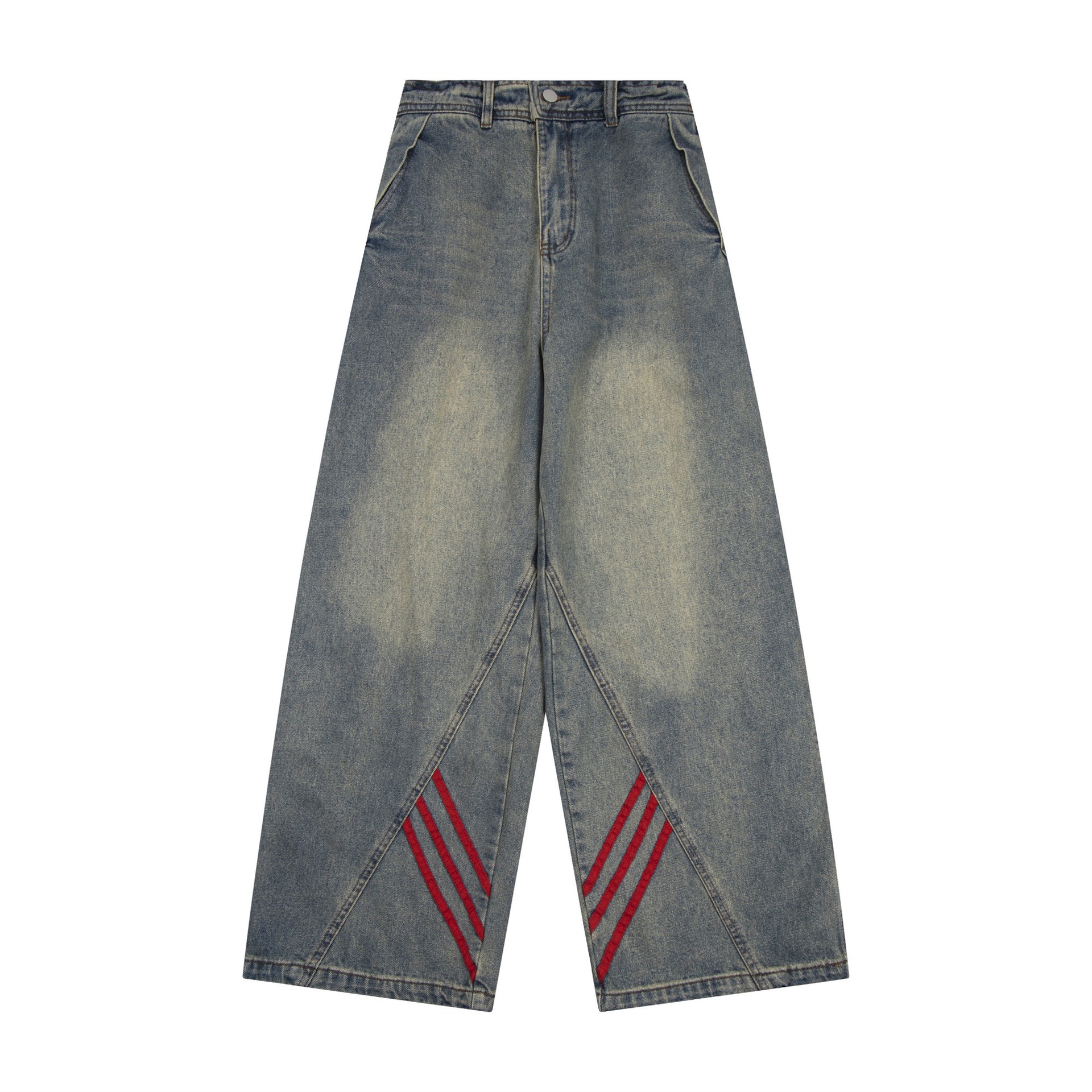Washed Retro Jeans Men's Straight Loose Wide-leg American High Street Pants Trendy Brand Ruffian Handsome Striped Splicing Trousers_mkmklike.com