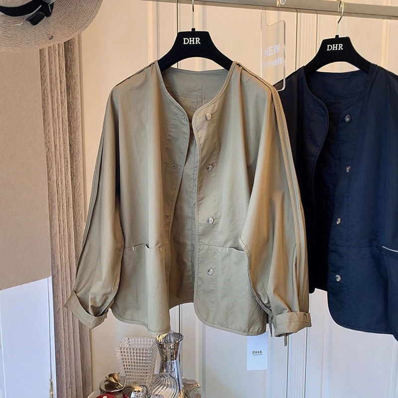 Brand Discount Cut-Label Export Autumn and Winter Hemmed Pocket Jacket Cardigan Trench Coat Women's Long-Sleeve Petite Short Top