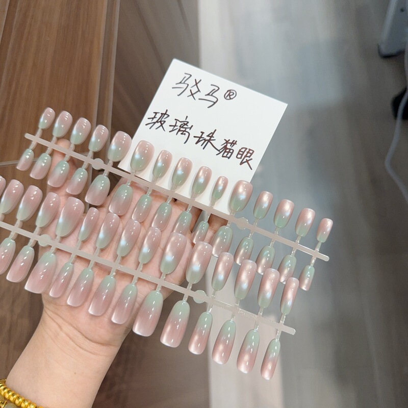Purely Handmade Nail Polish Gel Spray-On Pre-Made Cat-Eye Nail Pieces in Milky Green with Glass Beads, Finished Nail Art Wholesale Supply