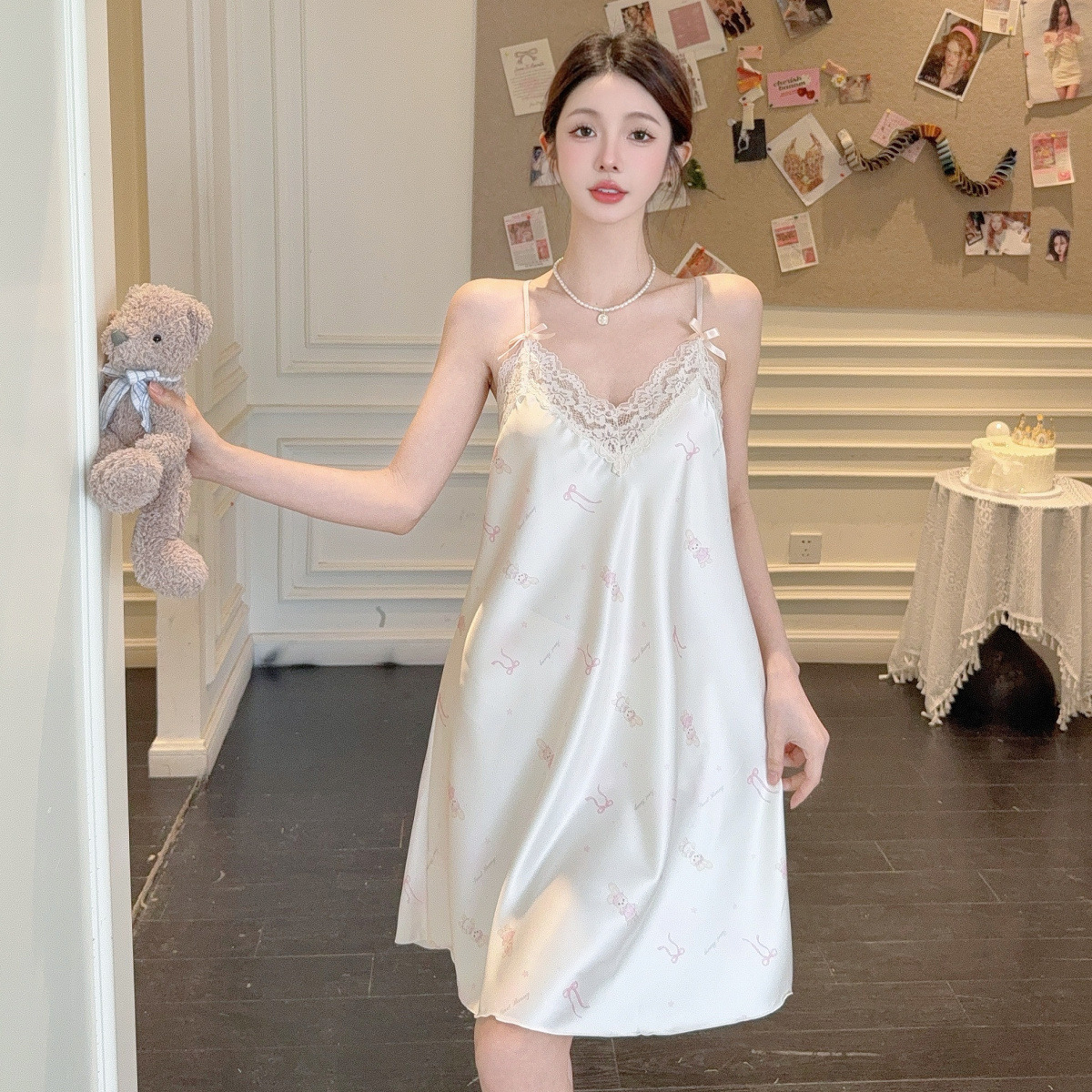 2025 verano hielo y nieve pijama de seda chica pura libido de viento esling arco de encaje impresión pijama ropa de hogar sexy