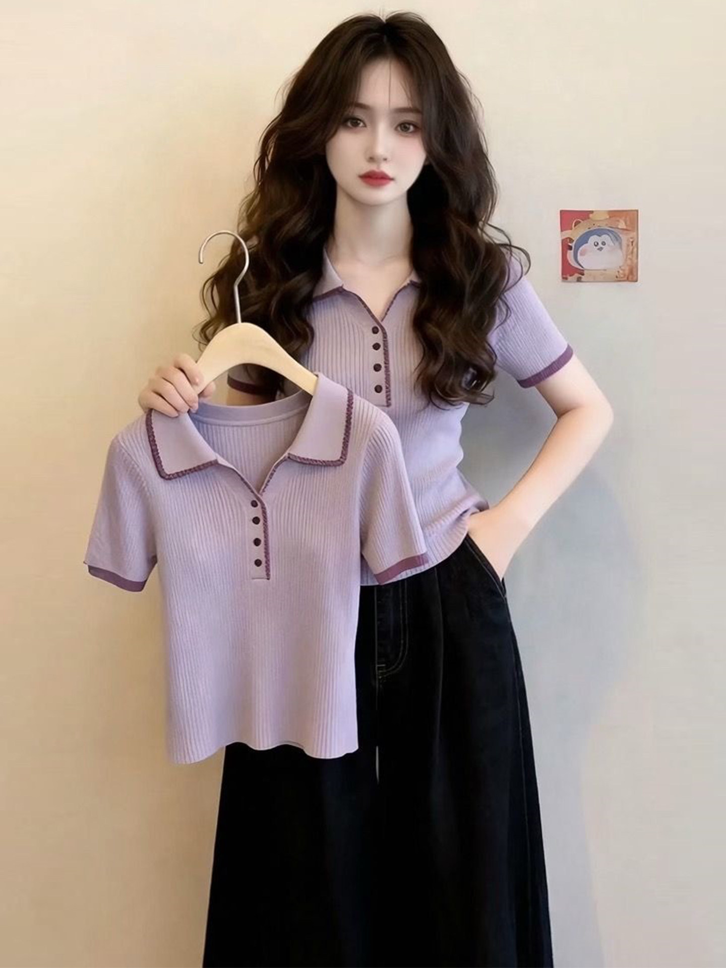 Áo thun polo nữ tay ngắn dệt kim phối màu vai thon gọn — màu tím