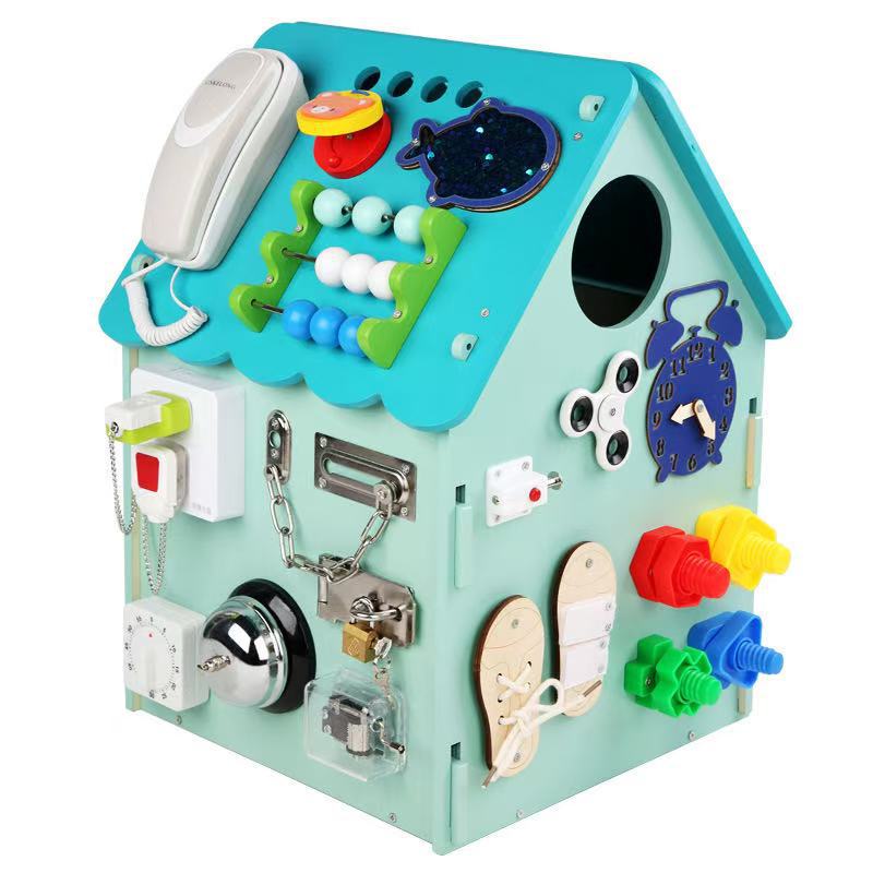 Casa ocupada de madera Montessori DIY bebé desbloqueo concentración entrenamiento Starry Sky Top juguete Montessori multifunción