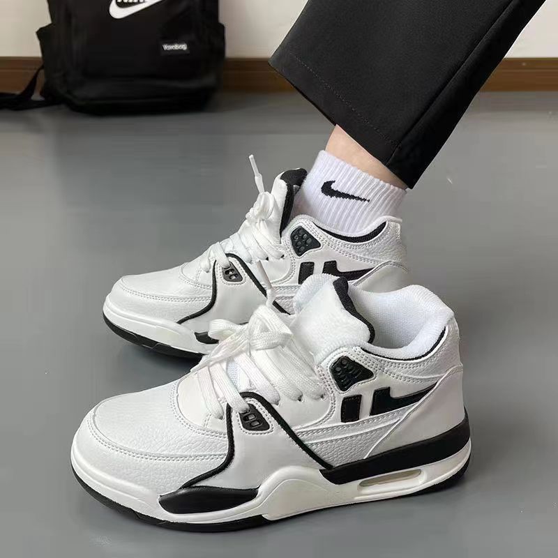 College Style Retro Air Cushion High-Top Sneakers Harajuku Style White and Blue Spliced Casual Sports Running Shoes Men's and Women's White Sneakers 