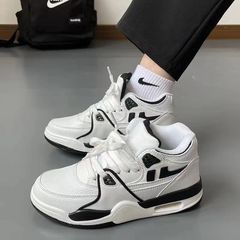 College Style Retro Air Cushion High-Top Sneakers Harajuku Style White and Blue Spliced Casual Sports Running Shoes Men's and Women's White Sneakers 