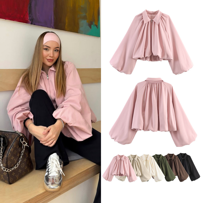 2026 Spring and Autumn European and American Cross-Border Women's Clothing 6-Color Lapel Balloon Sleeve Bomber Jacket Top for Women B88890