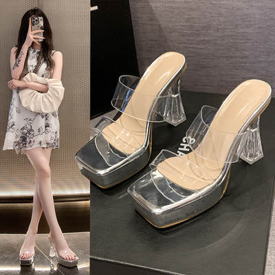 2024 Simple Style Transparent Sandals Women's New Fashion Open Toe Crystal Heel High Heel Outer Wear Slippers