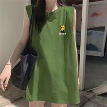 绿色无袖背心女夏季外穿新款t恤美式复古休闲运动宽松坎肩上衣女