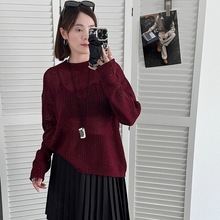 法式复古红色珠片纱镂空针织衫女2025秋冬真丝山羊绒毛衣慵懒罩衫