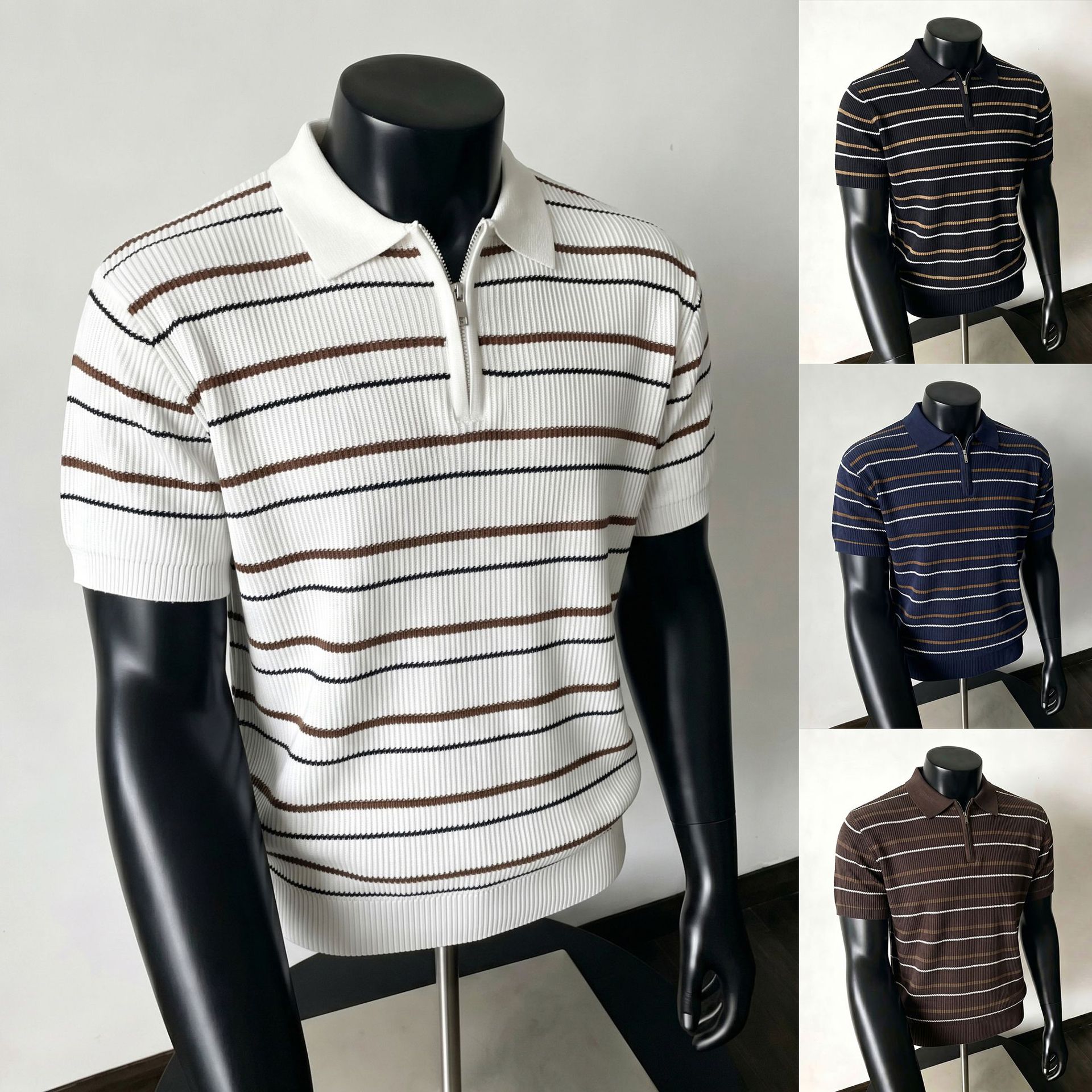 Polo camiseta camiseta de punto camiseta de manga corta camiseta de hombre medio cremallera estriada textural viejo viento de verano fábrica transfronteriza al por mayor