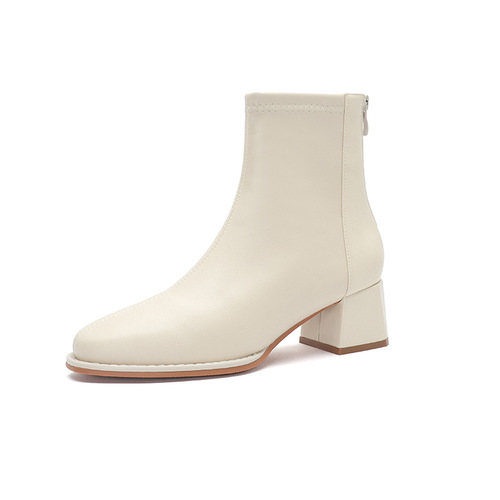 Fuhao Thick Heel Internet Celebrity Short Boots Women's Soft  New High Heel Boots Back Zipper Round Toe Fashion Women's Boots Leather Boots