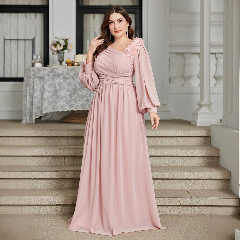 Amazon Bridesmaid Dress European and American Export Long Gown Elegant Off-Shoulder Collar Appliqué Lantern Sleeve Evening Dress