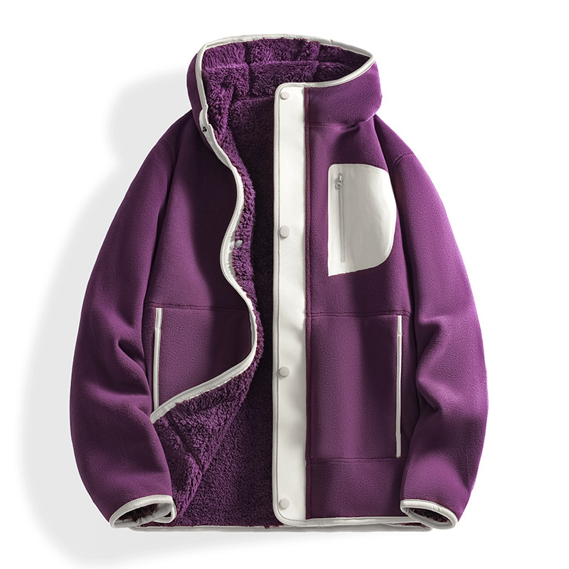 Lambskin Jacket for Men and Women Autumn and Winter Double-sided Velvet fleece-lined Thickened Couple's Hooded Cardigan Sweater Liner Fleece