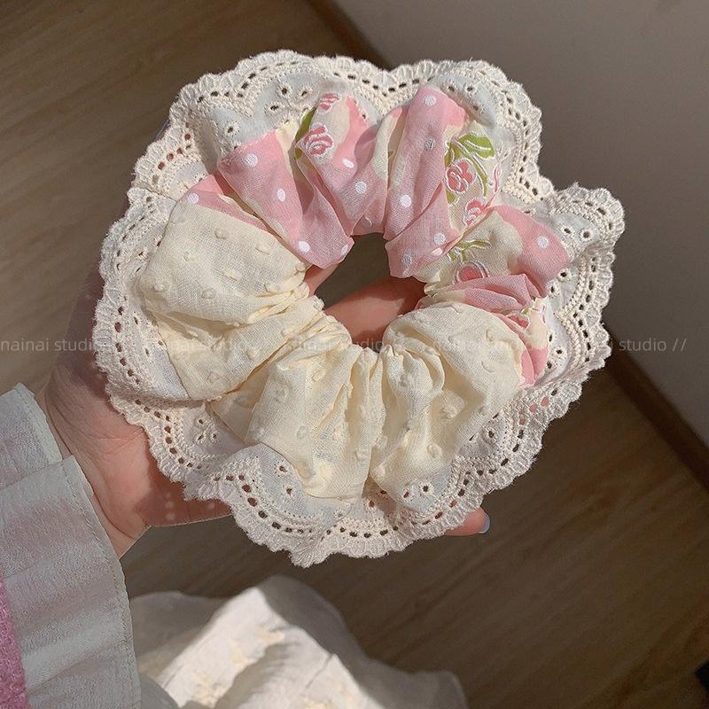 Corbata de pelo de intestino de lunares de crema grande coreana, gomas de goma de cola de caballo suaves para mujer, accesorios para el cabello de bola, accesorios para el cabello, cuerda para la cabeza