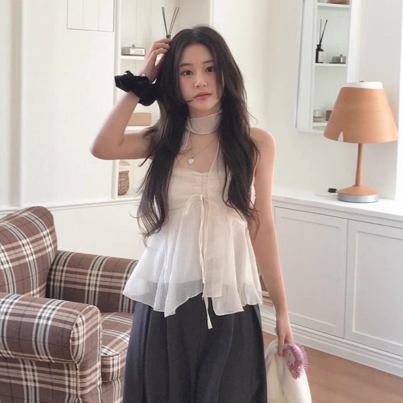 Now H Textured Off-Shoulder Pleated Lace-Up Shirt 2025 Summer Women's Korean Style Pure Desire Mesh Outer Tube Top