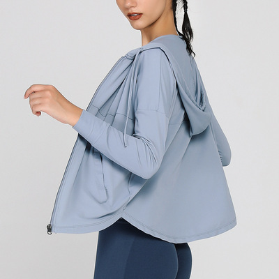 欧美长款防晒健身服女网纱透气长袖罩衫宽松休闲运动跑步拉链外套