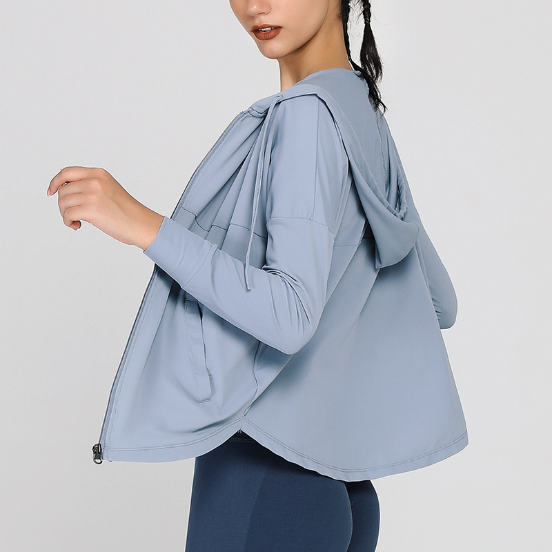 欧美长款防晒健身服女网纱透气长袖罩衫宽松休闲运动跑步拉链外套