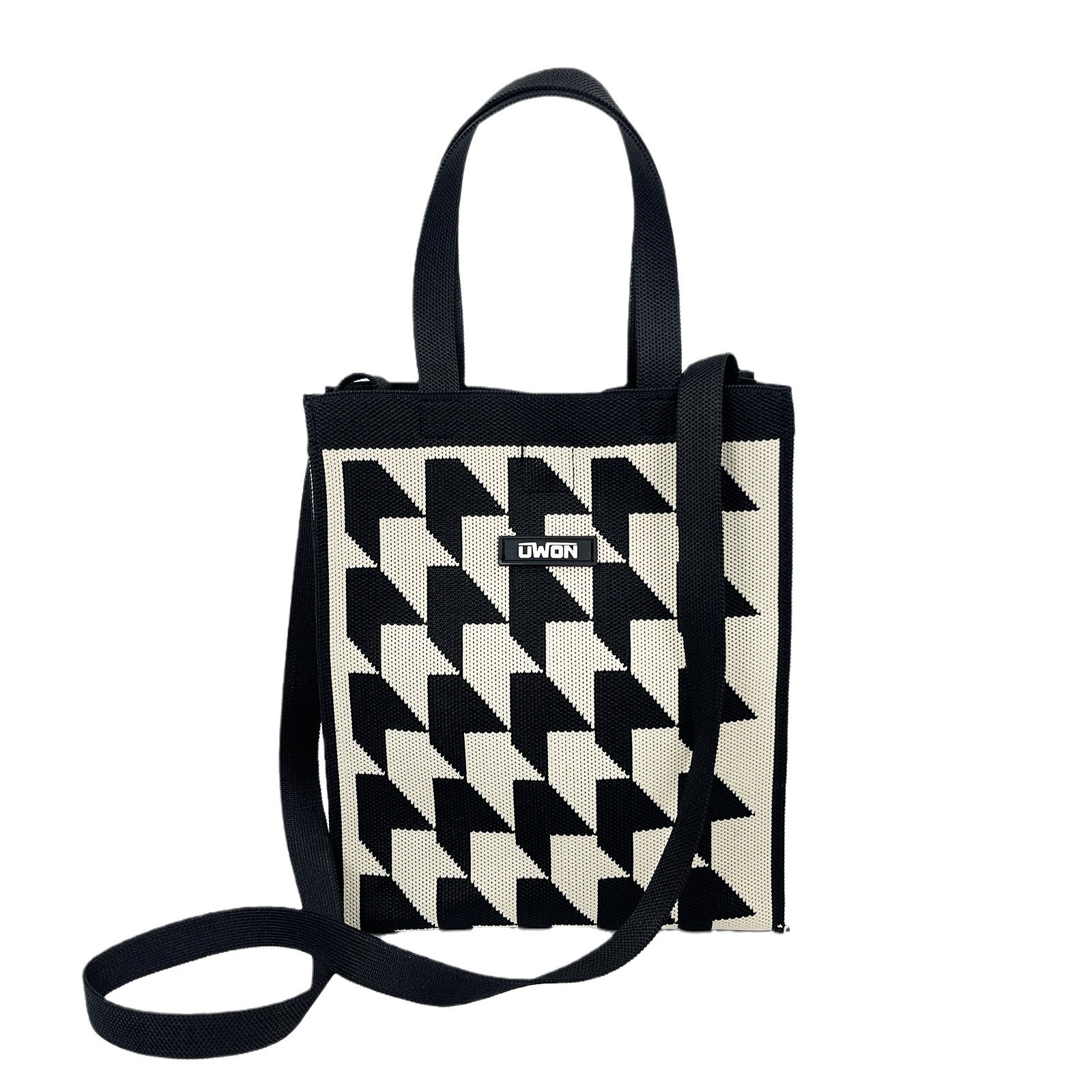 Nuevo bolso de hombro de punto de rombo en blanco y negro, bolso de mensajero de viaje de gran capacidad casual coreano, bolso cuadrado pequeño