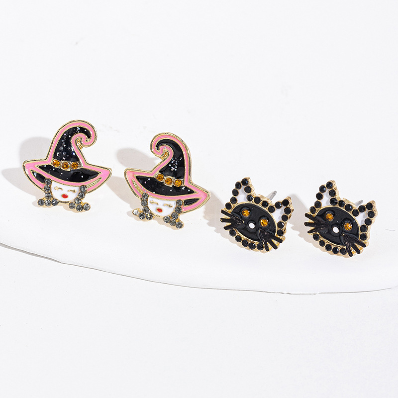 ハロウィンオイルドロップイヤリング卸売 欧米越境アクセサリー リトルモンスター ダイヤモンド付きパンプキンイヤリング 魔女マスクイヤリング|undefined