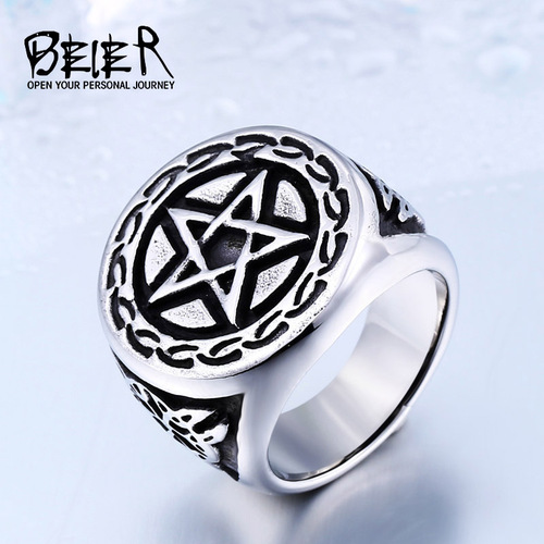 beier欧美个性不锈钢指环饰品批发 复古男士钛钢雕花五角星戒指