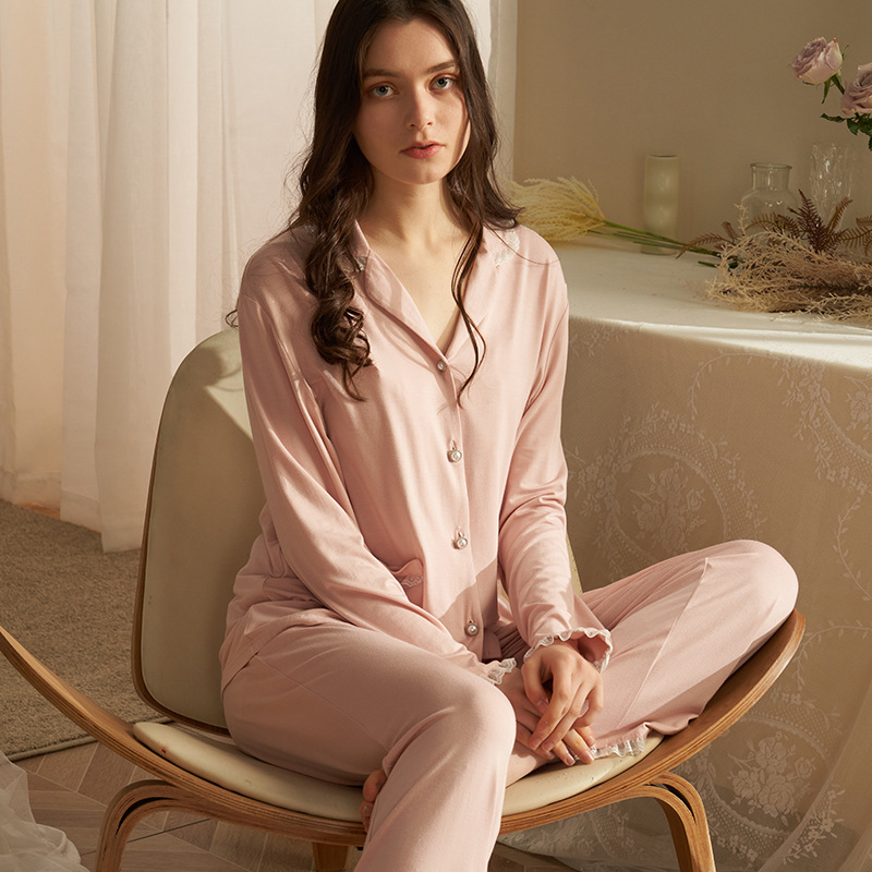 French Pajamas Women's Spring and Autumn Sling Long-sleeved Trousers Three-piece Set Modal Home Clothes Wear-free Bra Plus Chest Pad